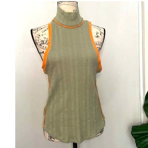 FreePeople Marley Sleeveless Ribbed Mock Top-Khaki Green-Orange -SzM-NWOT✌️​ - Picture 5 of 11